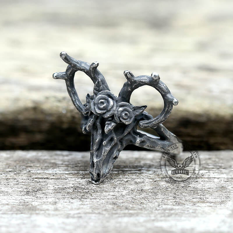 Deer and Rose Stainless Steel Skull Ring