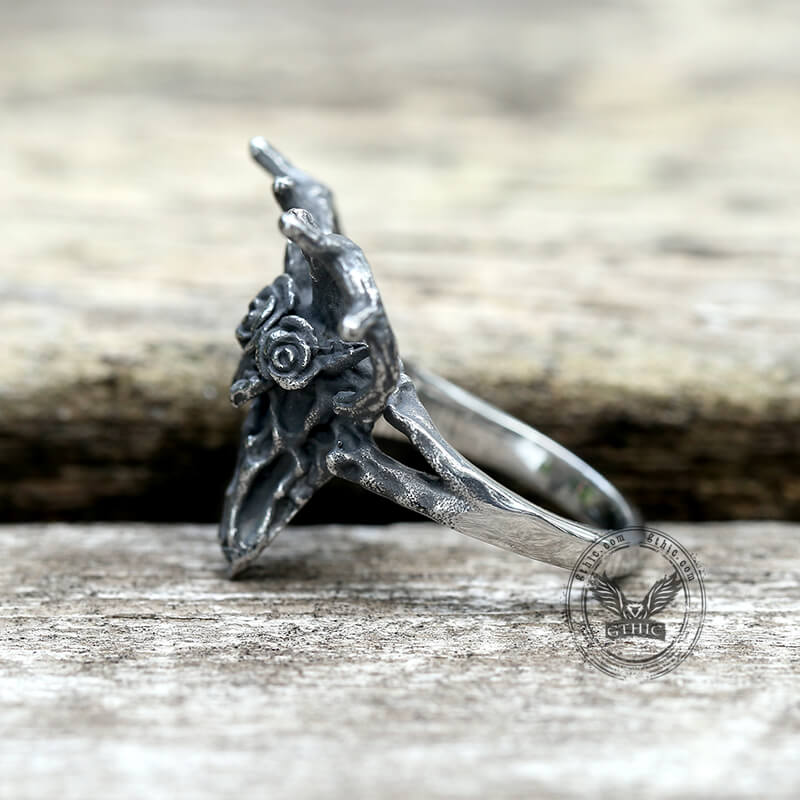 Deer and Rose Stainless Steel Skull Ring