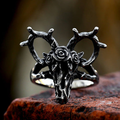 Deer and Rose Stainless Steel Skull Ring