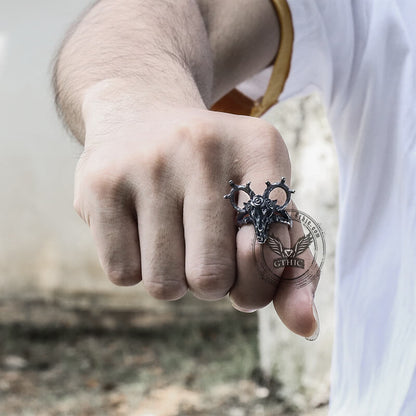 Deer and Rose Stainless Steel Skull Ring