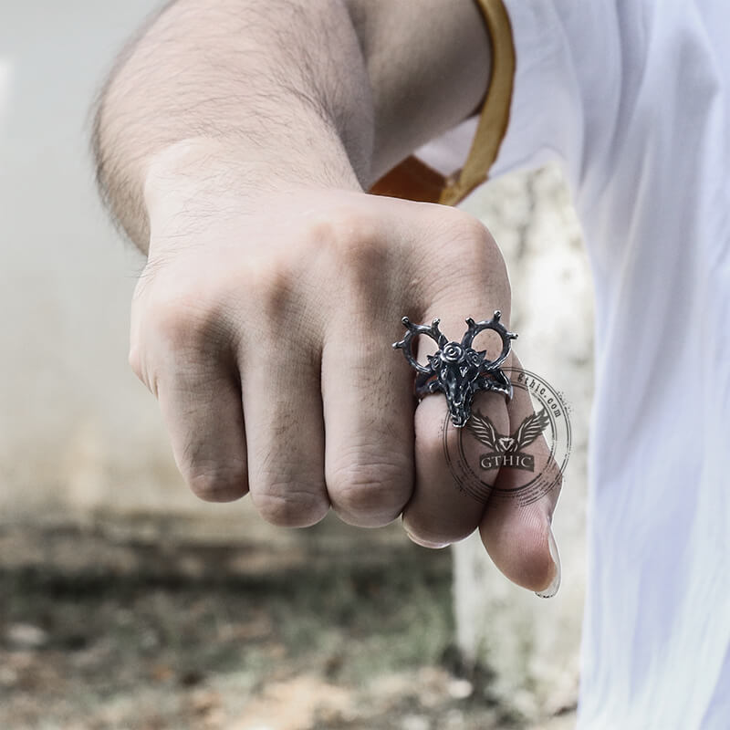 Deer and Rose Stainless Steel Skull Ring
