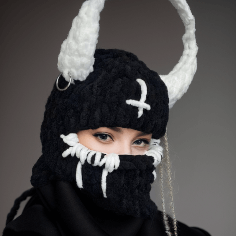 Demon Horn Knit Ski Mask Balaclava Hat