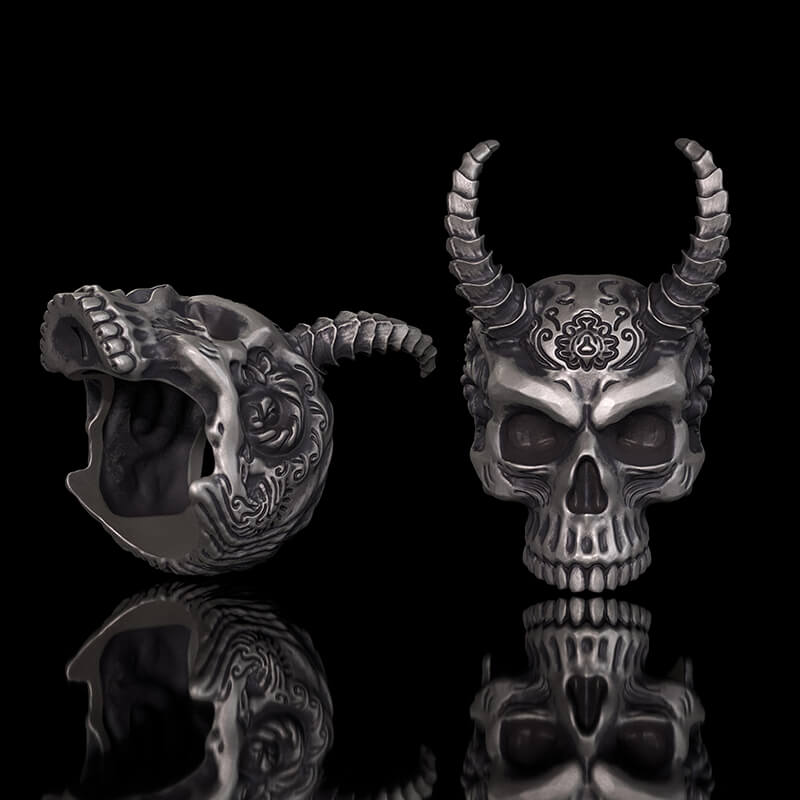Devil Horned Skull Sterling Silver Gothic Ring