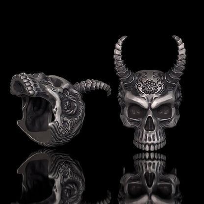 Devil Horned Skull Sterling Silver Gothic Ring