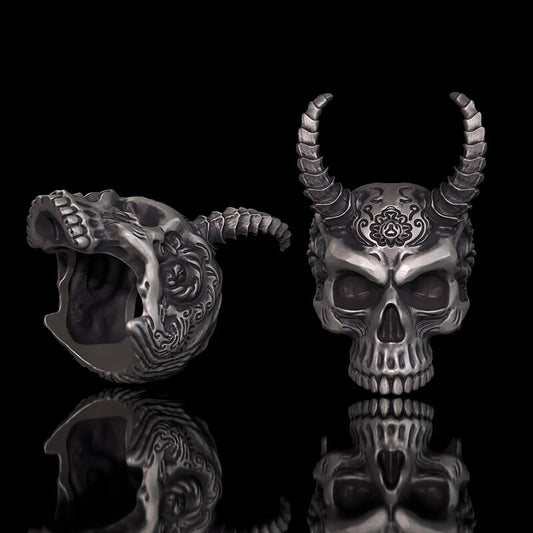 Devil Horned Skull Sterling Silver Gothic Ring