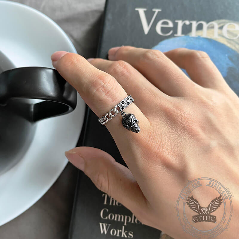 Diamond-set Chain Skull Sterling Silver Open Ring