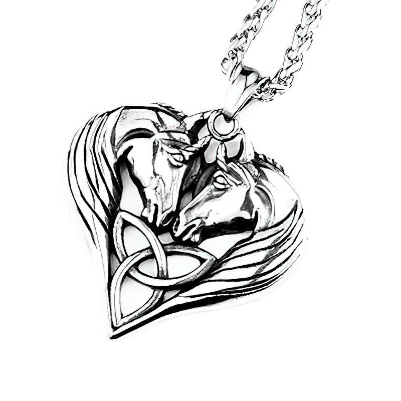 Double Horse of Heart Shaped Pendant / Necklace of Stainless Steel