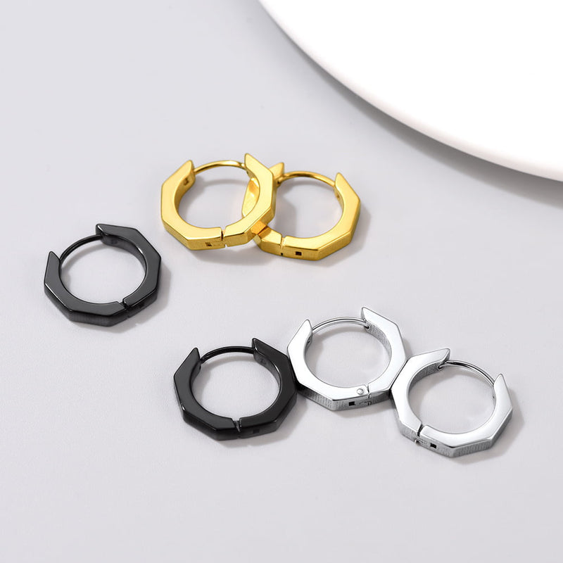 Punk Octagon Piercing Huggie Hoop Earrings Set for 3 Pairs