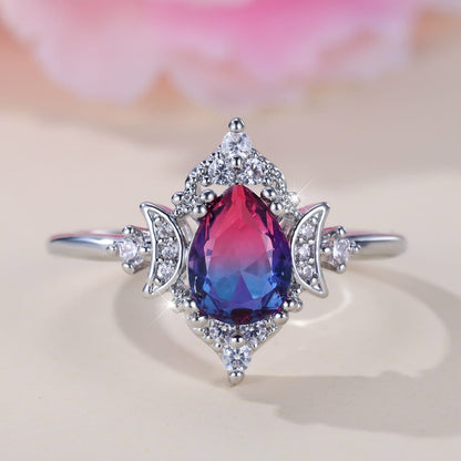 Mystic Triple Moon Goddess Cz Tourmaline Ring
