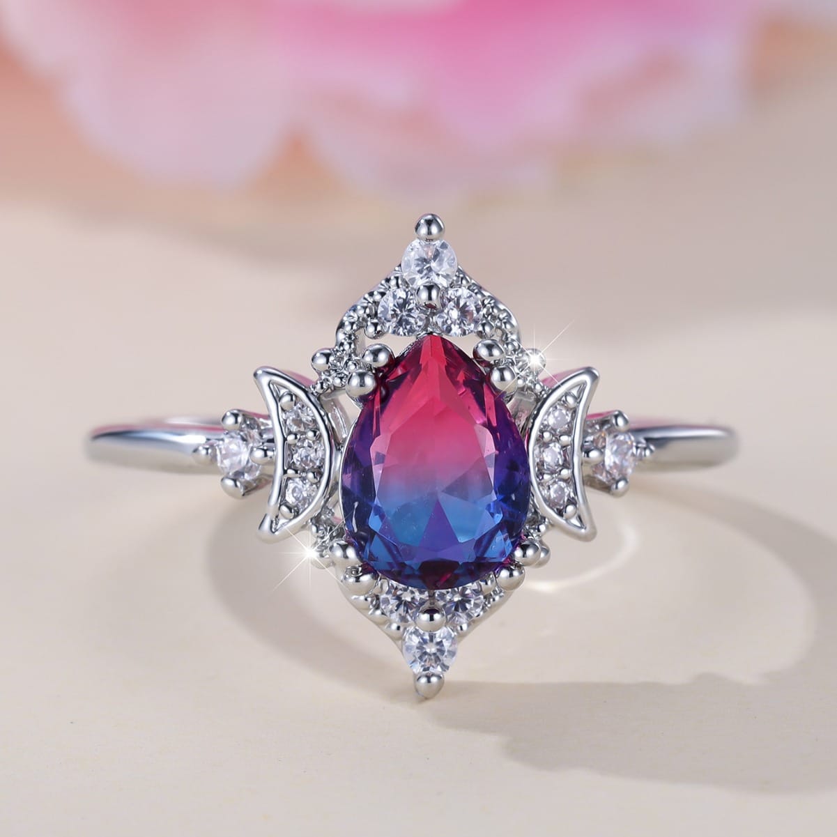 Mystic Triple Moon Goddess Tourmaline Ring
