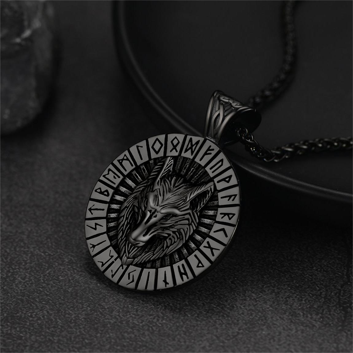 Viking Wolf Medal Necklace With Runes Jewelry for