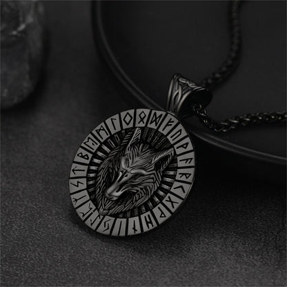 Viking Wolf Medal Necklace With Runes Jewelry for