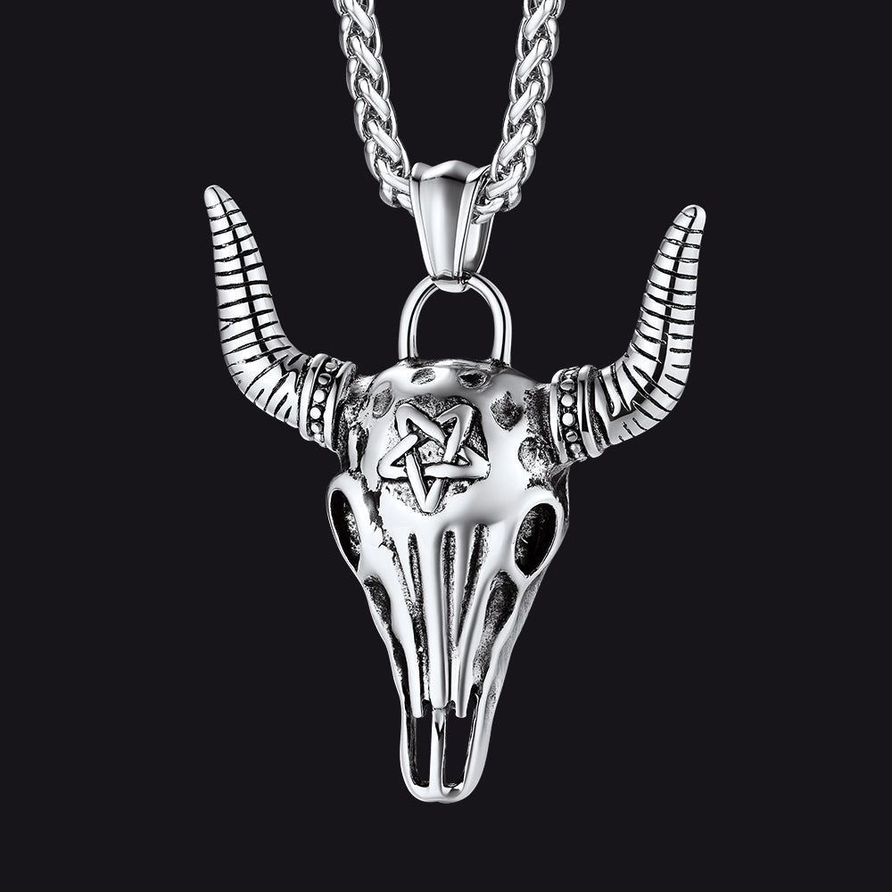 Flash Satanic Bull Cow Skull Necklace With Invert Pentagram for