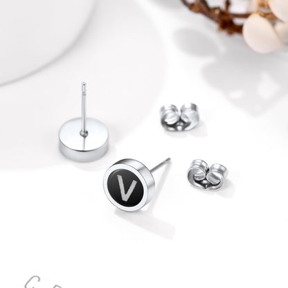 Personalized Black Enamel Initial Letter Stud Earrings for