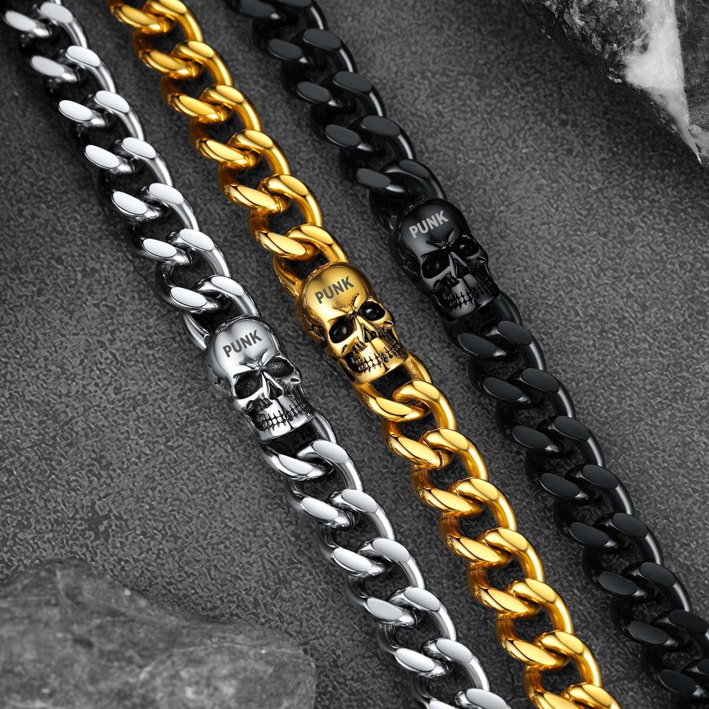 Gothic Heavy Cuban Chain Skull Bracelet for in Stainless Steel