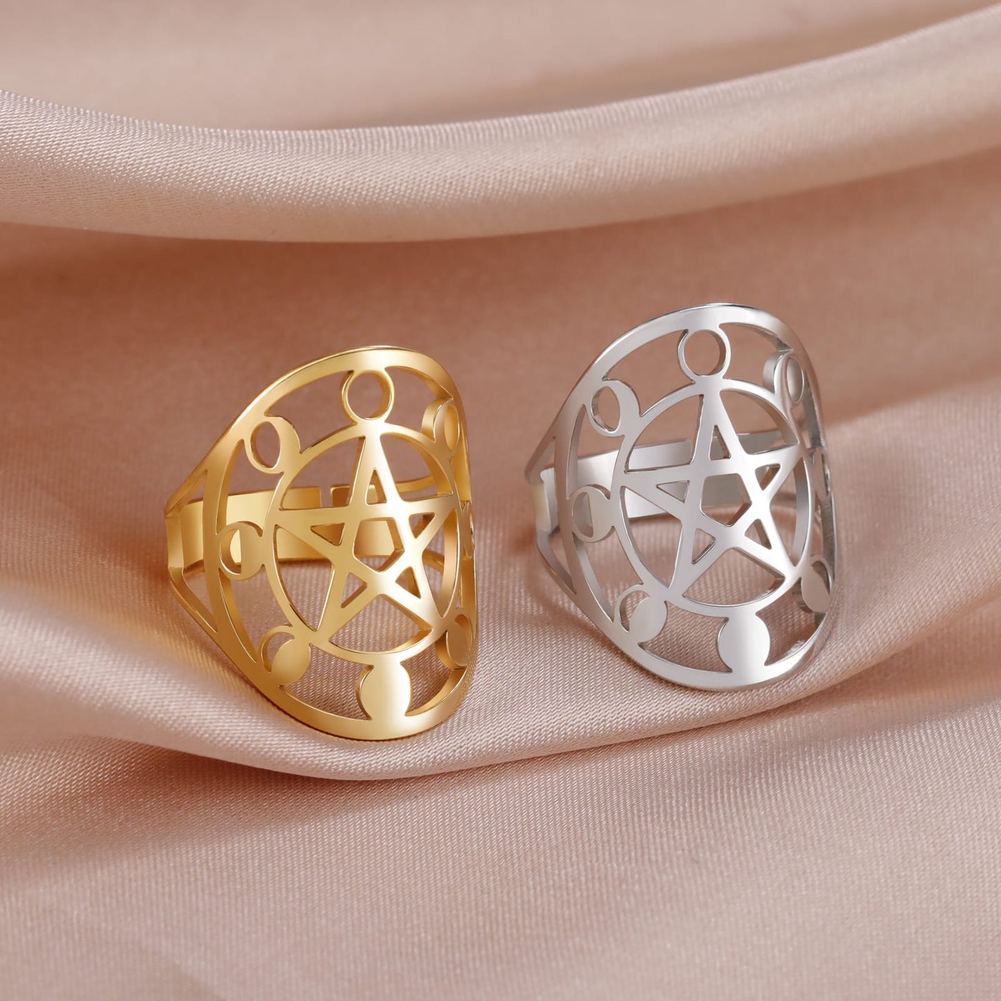 Mystical Stainless Steel Moon Phase Pentacle Ring
