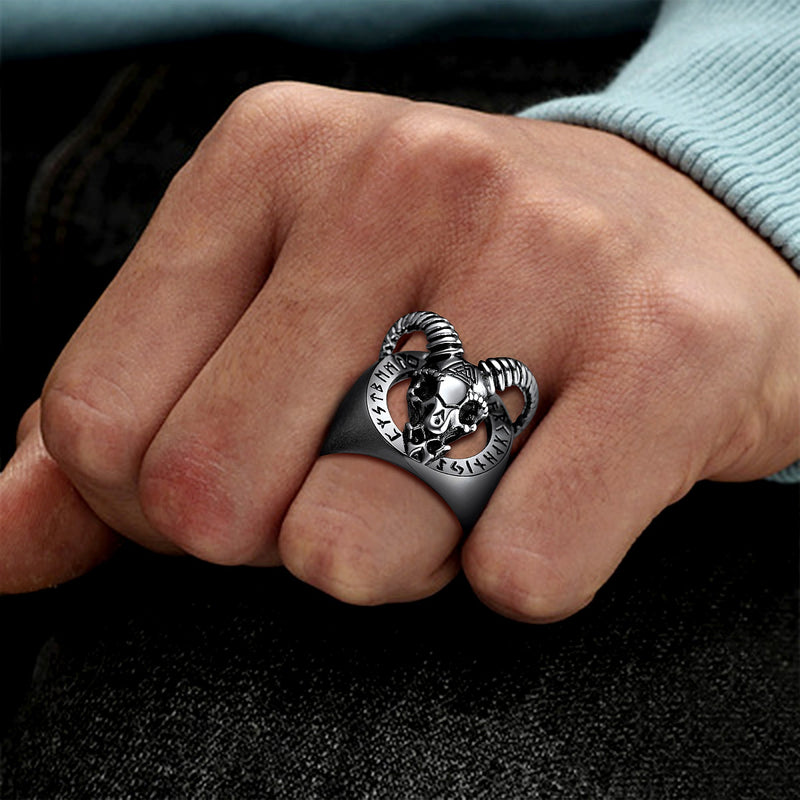 Satanic Goat Skull Ring With Viking Runes for