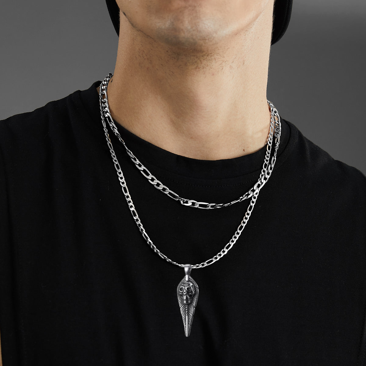 Punk Leaves Skull Pendant Necklace for