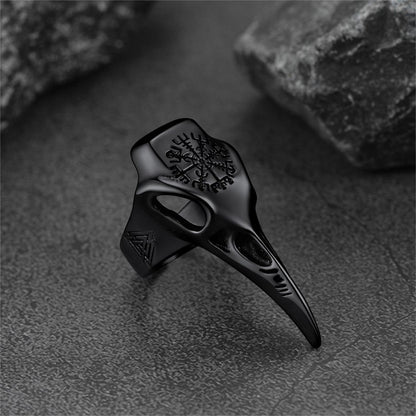 Raven Skull Ring With Viking Compass for