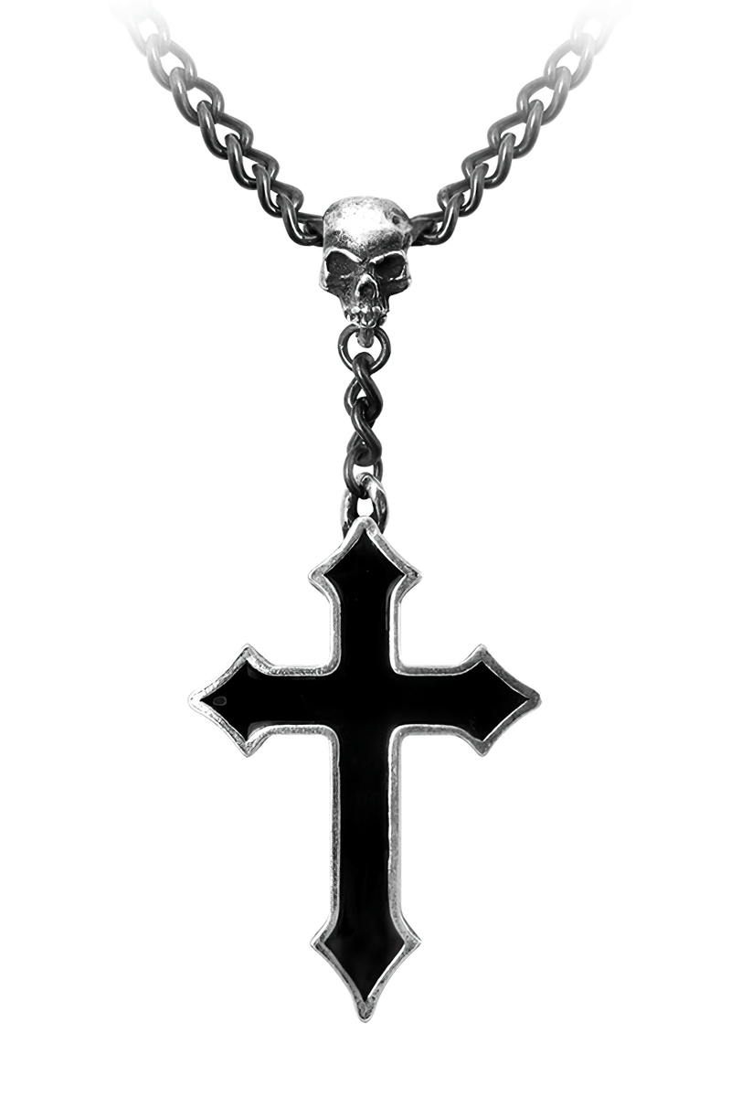 Black Enamel Cross With Pewter Skull Pendant