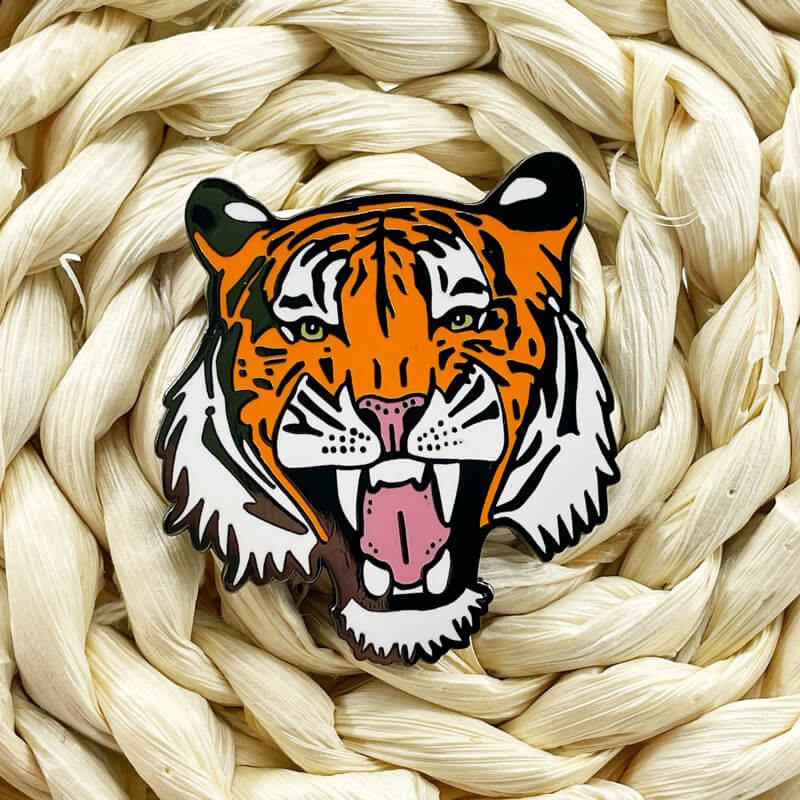 Enamelled Tiger Head Alloy Brooch