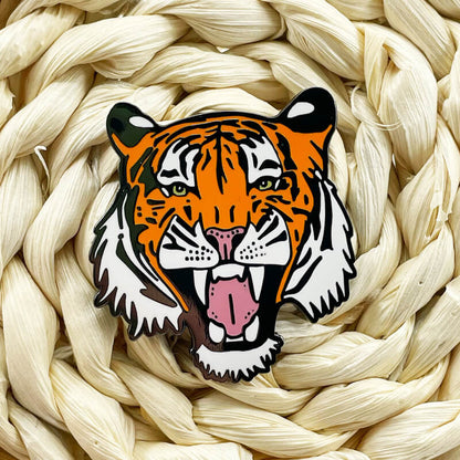 Enamelled Tiger Head Alloy Brooch