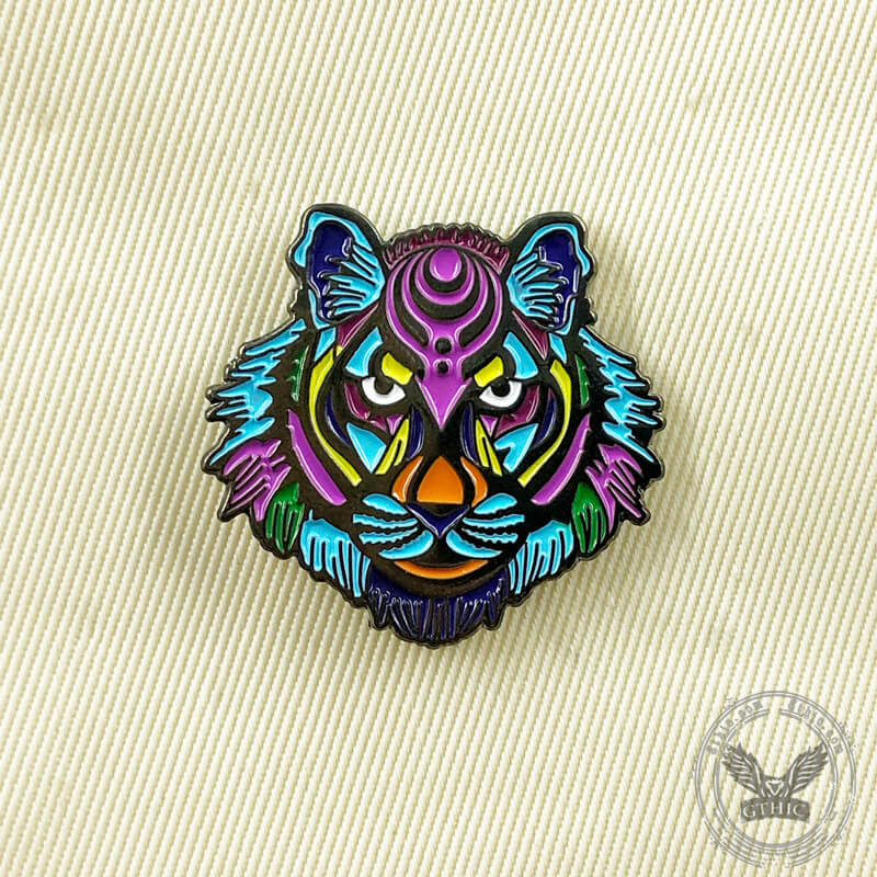 Enamelled Tiger Head Alloy Brooch
