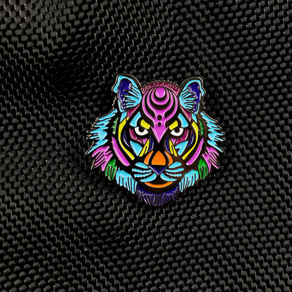 Enamelled Tiger Head Alloy Brooch