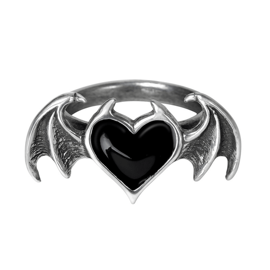 Enchant Black Heart Ring With Bat Wings Design
