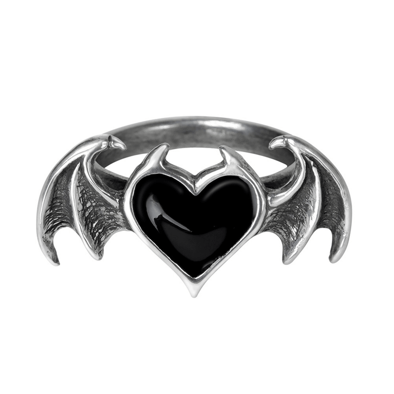 Enchant Black Heart Ring With Bat Wings Design