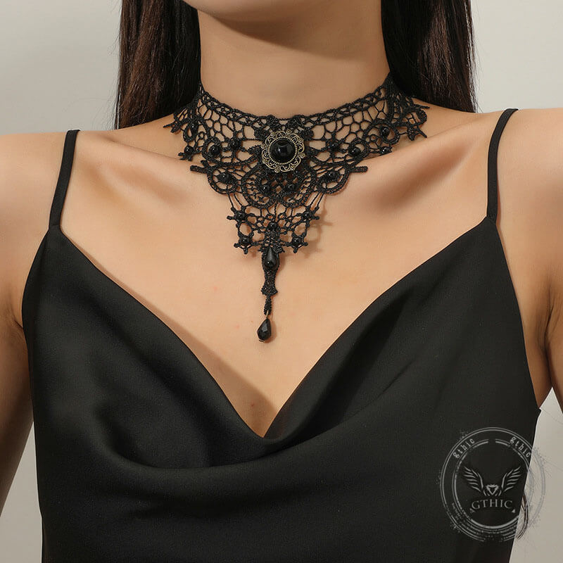 Exaggerated Hollow Lace Beads Gothic Choker Necklace