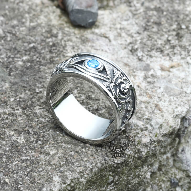 Eye and Rose Stainless Steel Goth Ring