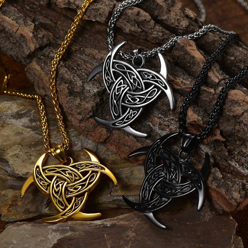 Viking Triple Horn of Odin Necklace Crescent Triquetra Charm Amuelt for