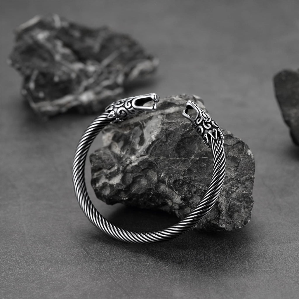 Viking Bracelet Norse Wolf Heads Cuff Bangle for