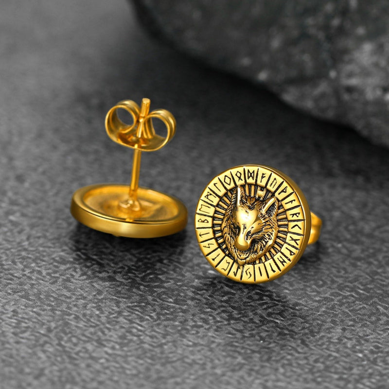 Viking Wolf Head Stud Earrings With Runes for