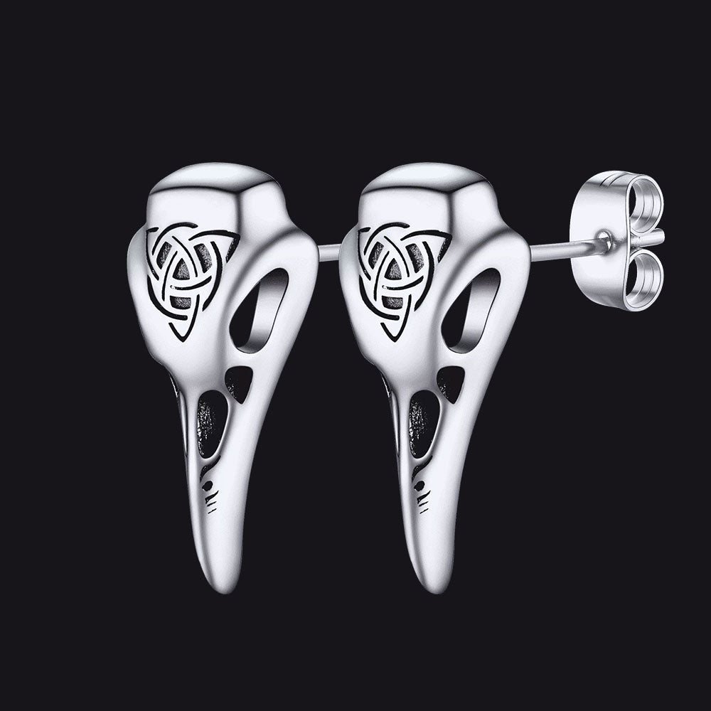 Viking Raven Skull Earrings Studs With Celtic Knot for