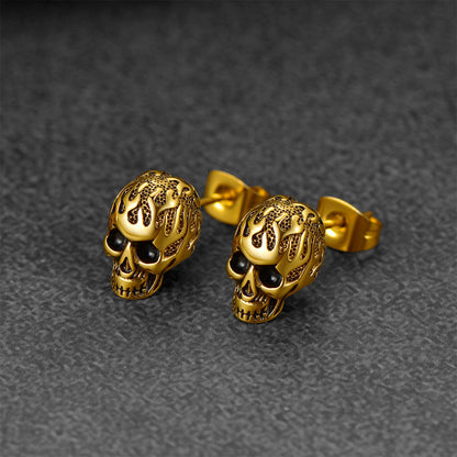 Gothic Flaming Skull Stud Earrings for