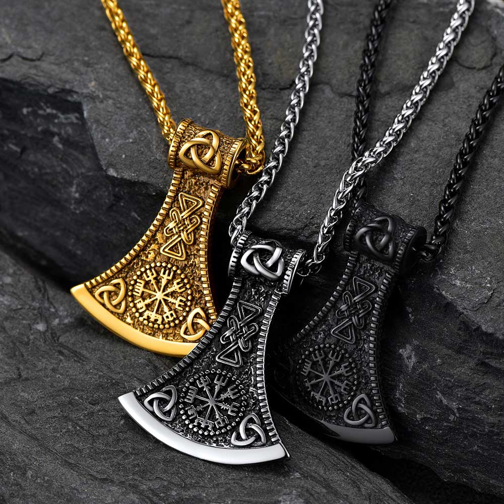 Battle Axe Viking Pendant Necklace With Compass for