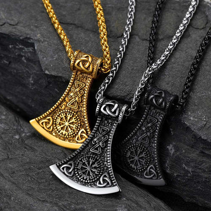 Battle Axe Viking Pendant Necklace With Compass for