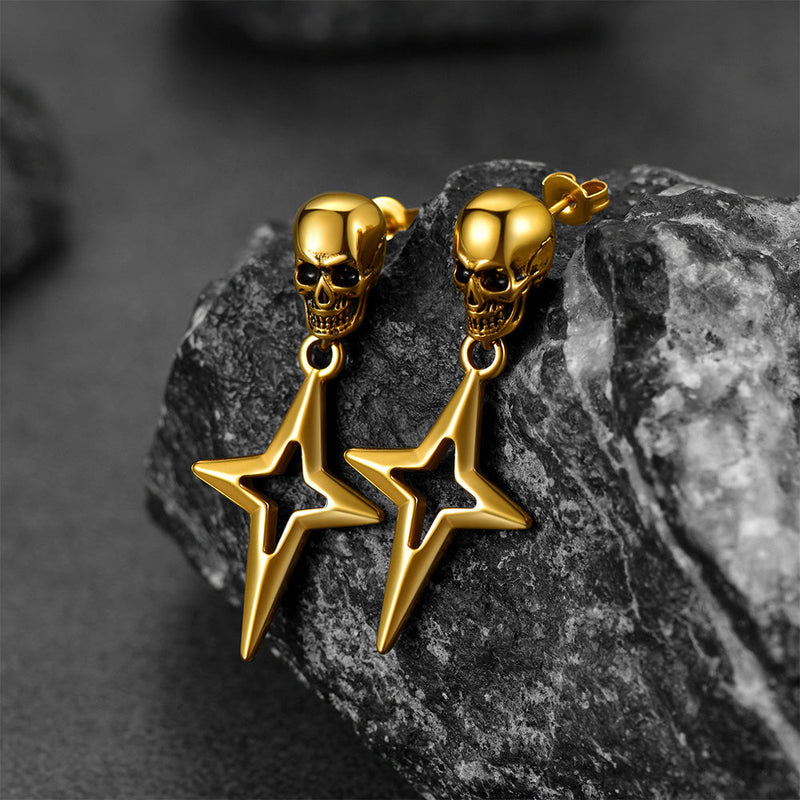 Flash Skull Dangle Stud Earrings With Cross Star for