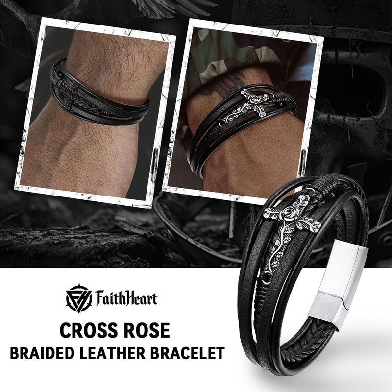 Christian Black Rose Cross Braided Leather Bracelet Gift for