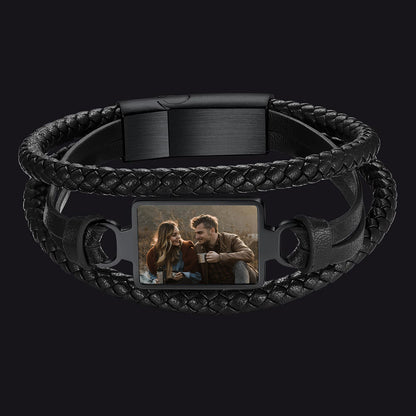 Personalized Picture Black Leather Bracelet Gift for