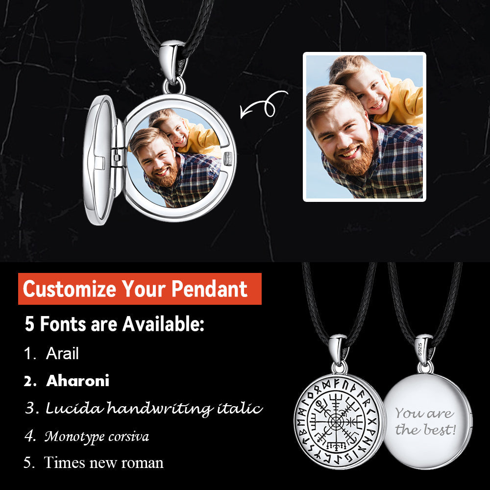 Personalized Photo Locket Necklace With Viking Compass for
