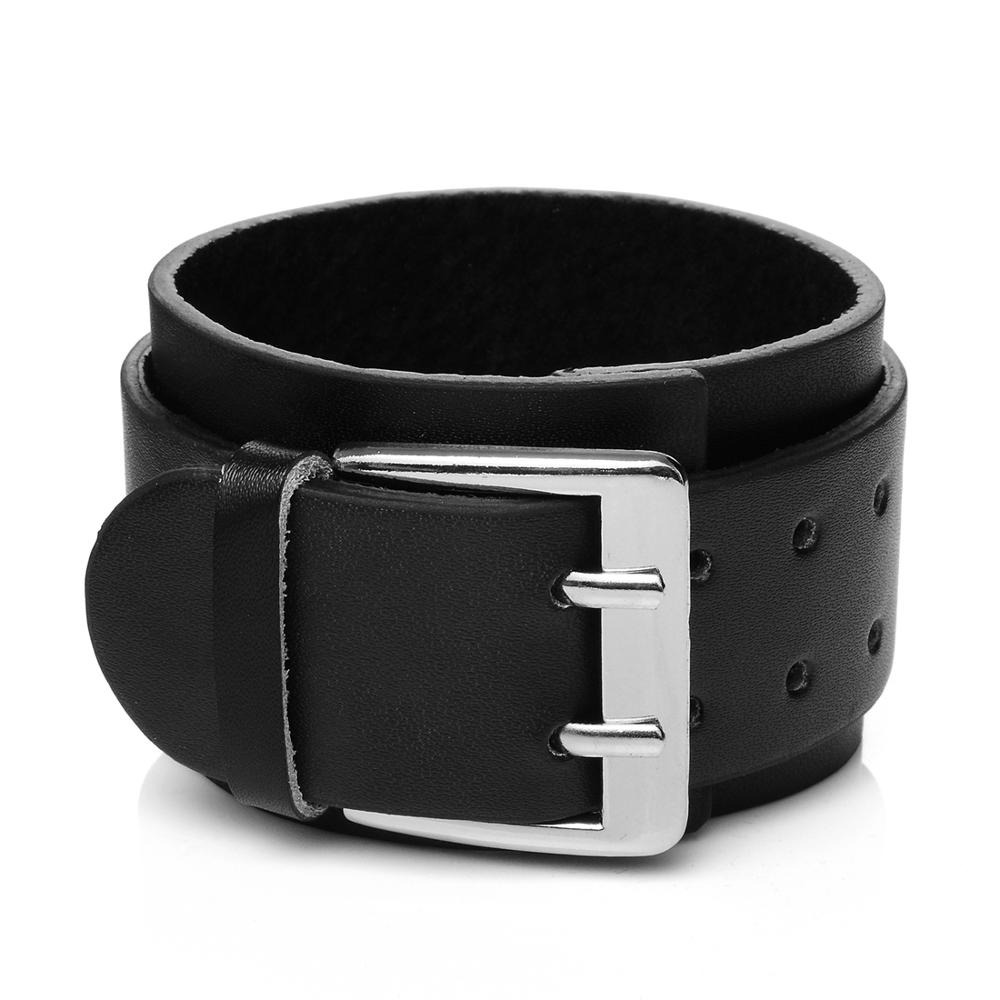 Punk Genuine Leather Bracelet / Bangle Double Wide of Black Color