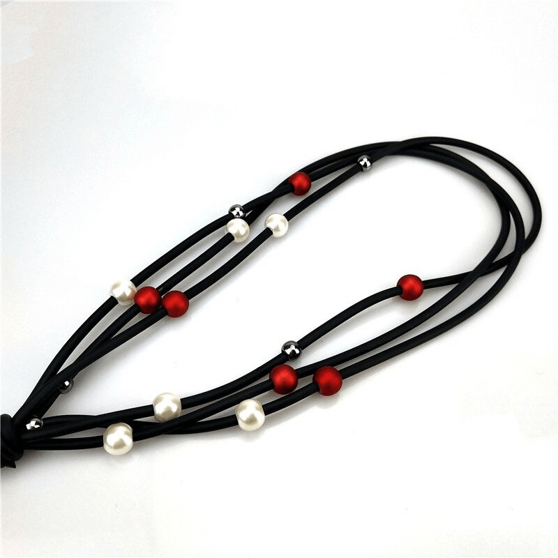 Red and White Pearls Long Necklace / Jewelry / Handmade Rubber Accessories