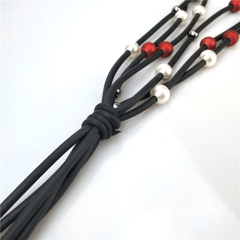 Red and White Pearls Long Necklace / Jewelry / Handmade Rubber Accessories