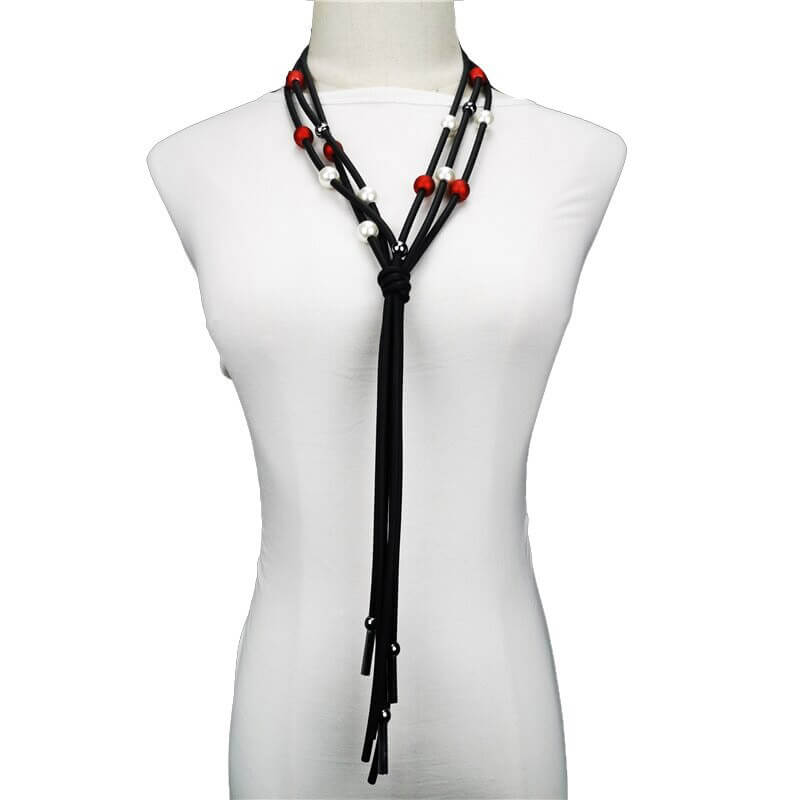 Red and White Pearls Long Necklace / Jewelry / Handmade Rubber Accessories