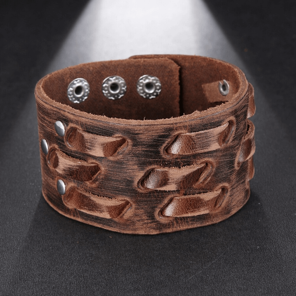 Wide Genuine Leather Bracelet / Brown Wide Cuff Bracelets / Punk Jewelry
