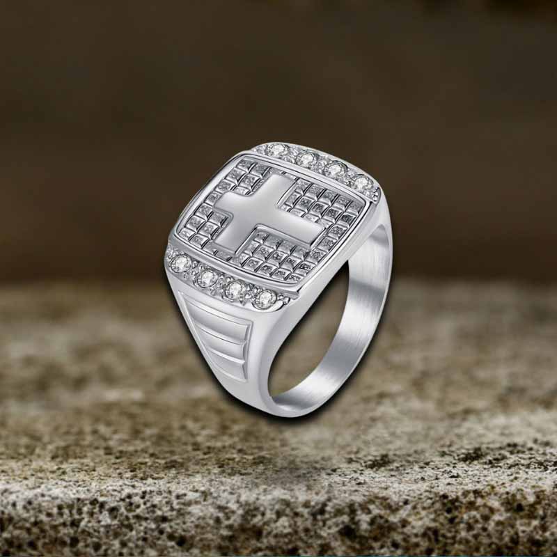 Cross Diamond-set Stainless Steel Ring
