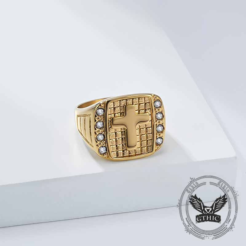 Cross Diamond-set Stainless Steel Ring
